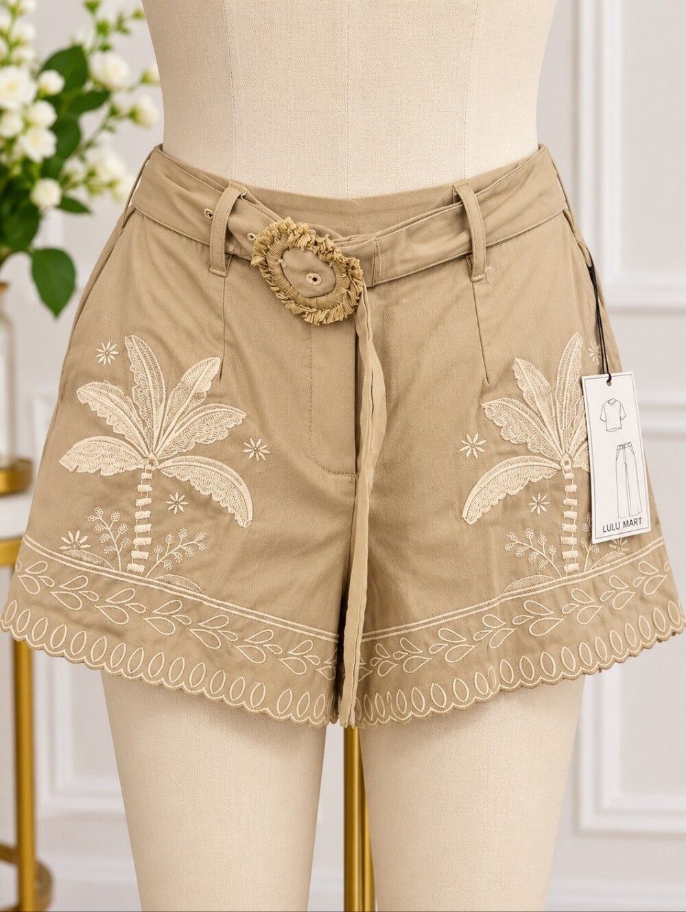 Lulumari Tan Embroidered Palm-Print Bermuda Shorts with Woven Buckle Belt